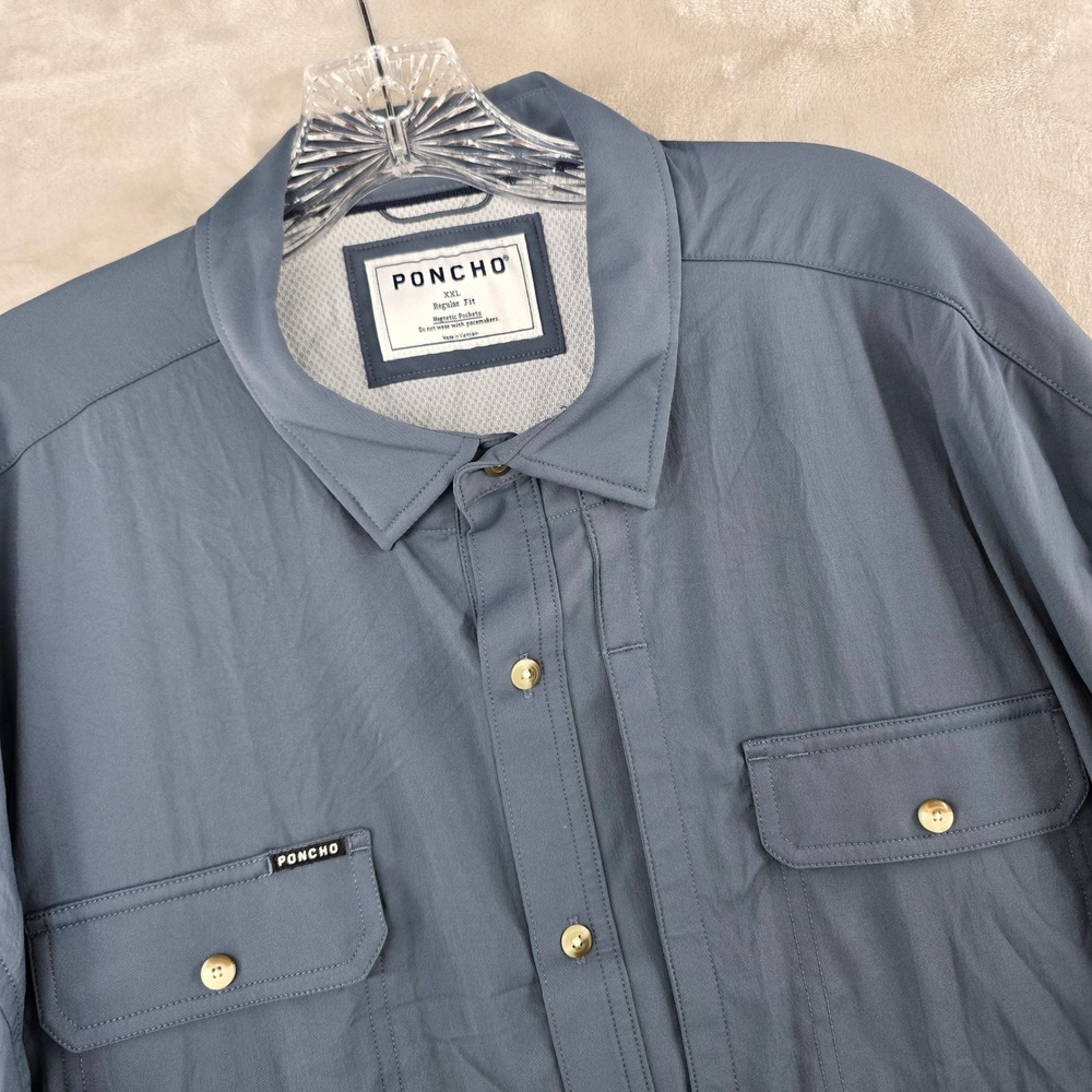 Poncho Outdoors Fishing Shirt Mens XXL Blue Magnetic Pockets Regular Fit
